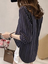 abordables Tops à Rayures et Géométriques pour Femmes-Femmes Chemise Rayé Élégant Occasionnel Manche 3/4 Col ras du cou Hauts Réguliers Quotidien Boutons Imprimé Blanche Rose Claire bleu marine Bleu clair Été