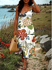 ieftine Rochii florale-Pentru femei Rochie Maxi Rochie A line Rochie cu umeri Vacanță Casual Stiluri de Plajă Petrecere Fit regulat Floral Grafic Fără manșon Pătrat Negru Alb Albastru piscină Trifoi Vară Primăvară