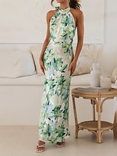 cheap Print Floral Dresses-Women's Long Dress Maxi Dress Floral Dress Halter Neck Dress Fashion Modern Vacation Going out Weekend Regular Fit Flower Sleeveless Halter Neck Yellow Pink Green Summer