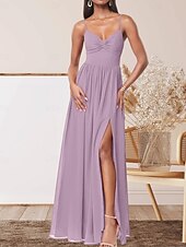 abordables Robes de demoiselle d&#039;honneur-Robe de demoiselle d&#039;honneur trapèze, col en V, sans manches, élégante, longueur au sol, en mousseline extensible avec plis / devant fendu / froncé 2025