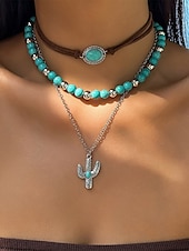 cheap Women&#039;s Necklace-Women&#039;s Western Layered Turquoise Beaded Necklace Set – Boho Statement Jewelry with Cactus &amp; Teardrop Charms, Ideal for Festivals, Country Concerts and Casual Wear