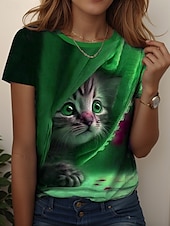 cheap Animals tee-Women&#039;s T Shirt Graphic Animal Cat Vintage Stylish Classic Short Sleeve Crew Neck Regular Tops Daily Weekend Print Blue Purple Green Summer Spring