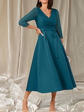 cheap Tea Length-A-Line Mother of the Bride Dress Wedding Guest Elegant Sweet V Neck Tea Length Satin Half Sleeve with Sash / Ribbon Beading Ruching 2025
