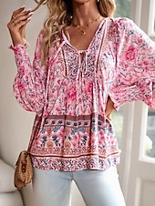 preiswerte Boho Tops-Damen Hemd Boho-Hemd Sommeroberteile Blume Täglich Stilvoll Lässig Langarm V Ausschnitt Normale Oberteile Arbeit Täglich Ferien Druck Rosa Marineblau Blau Frühling Herbst