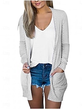 ieftine jachete casual-Pentru femei Sacou Respirabil Comfortabil Buzunar Casual Simplu Vacanță Stradă Casual Purtare Zilnică Deschis frontal Regulat Fără Guler Fit regulat Manșon Lung Îmbrăcăminte exterioară Negru Alb Roz