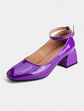 cheap 1950s-Women&#039;s Shiny Purple Patent Leather Mary Jane Heels – 1950s Retro Block Heel Pumps with Ankle Strap for Vintage Party, Wedding, and Prom