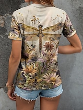 abordables T-shirt Animaux-Femmes T-shirt Fleuri Graphique Libellule ancien Élégant Classique Manche Courte Col ras du cou Col rond Hauts Réguliers Quotidien Imprimé Jaune Rouge Bleu Violet Vert Été Printemps