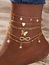 economico Bracciale da donna-Set di cavigliere da donna placcate in oro a strati con ciondoli a forma di farfalla, cuore, stella, infinito e perla - regolabili, stile boho chic per la spiaggia e l&#039;abbigliamento casual