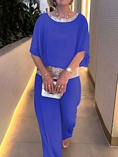 abordables Ensembles chemisiers pour femmes-Ensembles de pantalons de mode 2 pièces pour femmes vêtements de rue quotidiens manches 3/4 col rond couleur unie sequins patchwork décontracté quotidien noir blanc rose été coupe régulière