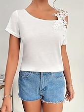 preiswerte Einfarbiges T-Shirt-Damen T Shirt Einfach Mode Modern Lässig Kurzarm V Ausschnitt Normale Oberteile Täglich Wochenende Patchwork Bestickt Schwarz Weiß Braun Grün Sommer Frühling