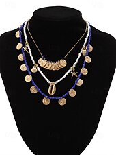 abordables Collier pour femme-Ensemble de colliers à breloques coquillages et pièces de monnaie en perles dorées et bleues pour femmes – colliers superposés de style bohème de plage avec des accents d&#039;étoiles de mer et de coquillages pour l&#039;été et les vacances