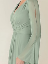 baratos Vestidos para Madrinhas-Vestido de dama de honra em corte A, decote em V, manga longa, elegante, comprimento até o joelho, chiffon com pregas / franzido 2025