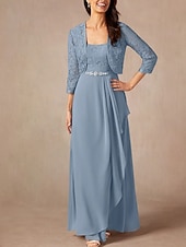 billiga Golvlängd-Tvådelad A-linjeformad Mor till Brud-Klänning Bröllopsgäst Elegant Söt Rundhalsad Golvlängd Chiffon Spets 3/4 Längd Ärmar med Spetspärlor Volanger