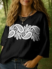 preiswerte Damen Boho Tops-Damen Bluse Grafik Paisley-Muster Bohemien Tropisch Lässig Dreiviertelarm Rundhalsausschnitt Normale Oberteile Täglich Ferien Urlaubskleidung Druck Weiß Blau Purpur Grün Sommer Frühling