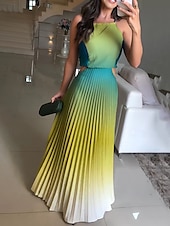 abordables Robes fleuries élégantes-Femmes Robe Longue Maxi Robe Robe froncée Moderne Extérieur Vacances Fête Coupe régulière A Ombre Sans manches Col ras du cou Bleu Orange Vert Été