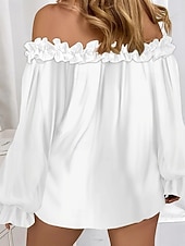 billiga Viktiga Falska Skjortor-Dam Skjorta Blus Konstbomullslinne Volang Öppen rygg Slät Modern Ledigt Långärmad Över axeln Vanliga toppar Dagligen Helgdag Utekväll Blå Svart Vit Rodnande Rosa Sommar