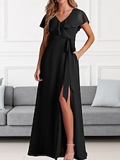 cheap Bridesmaid Dresses-A-Line Bridesmaid Dress V Neck Short Sleeve Elegant Floor Length Chiffon with Sash / Ribbon / Ruffles / Split Front