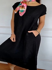 economico disegnare abiti in cotone e lino-Per donna Abito Midi Vestito Casual Abito in cotone e lino Moda Classico All&#039;aperto Ferie Uscire Vestibilità regolare Semplice Manica Corta Girocollo Nero Bianco Cachi Estate
