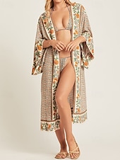 preiswerte Kaftane-Damen Badeanzug Überwurf Bademode Vorderknoten Strandbekleidung Boho Blume V Ausschnitt Langarm Badeanzüge