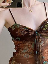 billige Boho topper-Dame Boho skjorte Bluse Blomsternål i krystall Moderne Bohem Ermeløs Med stropper Vanlige topper Ferie Ut på byen Trykt mønster Brun Sommer