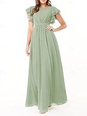 baratos Vestidos para Madrinhas-Vestido de dama de honra em corte A, gola redonda, manga longa, elegante, longo, chiffon com pregas / franzido 2025