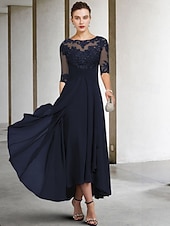 voordelige Vloerlengte-A-Lijn Moeder van de Bruid Jurk Bruidsgast Elegant Plus Size Hoog Laag V-Hals Asymmetrisch Enkel Lengte Chiffon Kant Halve Mouw met Beading Applicaties gratis maatwerk