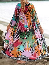 Недорогие Кафтаны-Жен. Купальники Накидка купальник галстук спереди тропический Одежда для пляжа Цветы V-образный вырез Длинный рукав Купальники