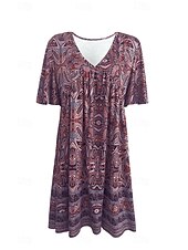 tanie Sukienki kwiatowe-Damskie Sukienka mini Sukienka A line Letnie sukienki Urlop Codzienny Boho Codzienny Święto Regularny W Tureckie Wzory Krótki rękaw W serek Żółty Fioletowy Lato