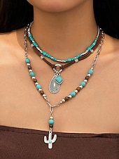 cheap Women&#039;s Necklace-Women&#039;s Western Layered Turquoise Beaded Necklace Set – Boho Statement Jewelry with Cactus &amp; Teardrop Charms, Ideal for Festivals, Country Concerts and Casual Wear