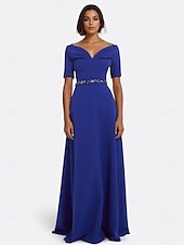preiswerte BLAU-A-Linie Abendkleid Elegant Kleid Formell Hochzeit Bodenlang Kurzarm V Ausschnitt Stretch-Crêpe mit Perlenstickerei 2025