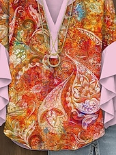 levne Dámské boho topy-Dámské Halenka Grafika Kašmírový vzor Elegantní Čechy Geleneksel 3/4 délka rukávu Do V Běžné topy Denní Dovolená Oblečení na dovolenou Volány Tisk Rubínově červená Vodní modrá Fialová Oranžov