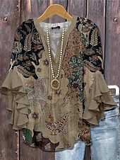 economico Top Floreali-Blusa da donna con maniche a strati e arricciate top floreale grafico vintage Bohemia quotidiano maniche a 3/4 scollatura a V top regolari abbigliamento quotidiano per le vacanze stampa rosa rossa