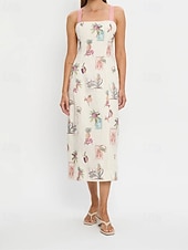 economico disegnare abiti in cotone e lino-Per donna Abito Lungo Maxi Abito Abiti in cotone e lino Vestito Casual Moda All&#039;aperto Feste Ferie Vestibilità regolare Fiore Senza Maniche Spalline Rosa Estate