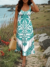 billige Boho-kjoler-Dame Maxikjole Kjole med A-linje Sommerkjole Off The Shoulder-kjole Ferie Fritid Fest Stevnemøte Normal Grafisk Stamme Ermeløs Firkantet hals Rød Blå Grønn Sommer Vår
