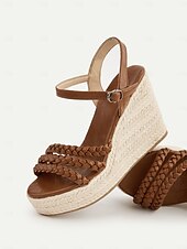 olcso Nyári szandálok-női barna fonott espadrille ékszandál – hétköznapi nyári cipők kerti sétákhoz és piknikhez