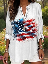 abordables Animaux Tops-Jour de l&#039;Indépendance Américaine Femmes Hauts d&#039;été Graphique Drapeau Quotidien Occasionnel manche longue Col en V Hauts Réguliers Quotidien Imprimé Bordeaux Rouge Bleu Été Printemps