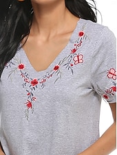 preiswerte Blumen-T-Shirt-Erntedank Damen Baumwollhemd Einfach Bohemien Stilvoll Basic Kurzarm Puffärmel V Ausschnitt Normale Oberteile Täglich Sport Ausgehen Grau Sommer