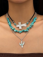 cheap Women&#039;s Necklace-Women&#039;s Western Layered Turquoise Beaded Necklace Set – Boho Statement Jewelry with Cactus &amp; Teardrop Charms, Ideal for Festivals, Country Concerts and Casual Wear