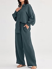abordables Ensembles-Femmes Actif Mode Chemises en coton et lin Ensembles en coton et lin Chemisier manche longue Col de chemise Couleur Unie Dubbele Rij Knopen Fête Décontracté Quotidien Noir Ivoire Vin Été Coupe