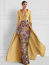 cheap GREEN-Green Embroidered Floral A-Line Evening Gown Elegant Dress Formal Wedding Floor Length Half Sleeve Shirt Collar Satin with Slit Appliques 2025