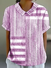 preiswerte Damen Streifen- und geometrische Oberteile-Damen Bluse Grafik Gestreift Vintage Stilvoll Lässig Kurzarm Hemdkragen Normale Oberteile Arbeit Täglich Druck Blau Purpur Grau Sommer Frühling