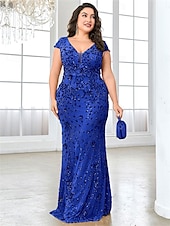 cheap BLUE-Mermaid / Trumpet Plus Size Dresses Elegant Curve Dress Formal Wedding Floor Length Short Sleeve V Neck Lace Backless with Sequin