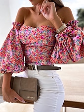 preiswerte Damen Grafik Tops-Damen Boho-Hemd Bluse Blume Modern Boho Langarm Schulterfrei Normale Oberteile Täglich Ausgehen Druck Erröten Sie Rosa Rosa Wein Rote Purpur Sommer
