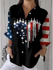 cheap Independence Day Top-Independence Day Women&#039;s Patriotic Fourth of July Shirt Graphic Flag USA Vintage Daily Stylish Long Sleeve Shirt Collar Regular Tops Work Daily Buttons Print Denim Blue Black Red Blue Summer Spring
