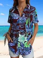 olcso Női nyári felsők-Női Ing Grafika Falevél Hawaii Szüret Tropikus Napi Ujjatlan Rövid ujjú Állógallér Normál felsők Napi Rubin Medence Bíbor Lóhere Világoskék Nyár Tavasz