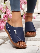 cheap Comfort Sandals-Women’s Light Blue Wedge Sandals – Open-Toe Slip-On Sandals with Soft Sole for Garden Walks and Summer Casuals