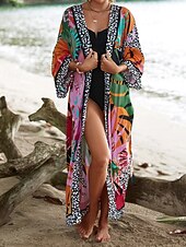 Недорогие Кафтаны-Жен. Купальники Накидка купальник галстук спереди тропический Одежда для пляжа Цветы V-образный вырез Длинный рукав Купальники