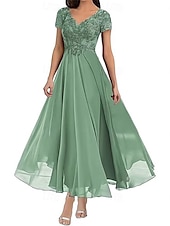 preiswerte Bodenlänge-A-Linie Brautmutterkleid Elegant V Ausschnitt Bodenlang Polyester Kurzarm mit Einfarbig 2025