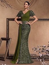abordables Robes de bal-Robes de Quinceanera A-Line Robe élégante Mariage formel Longueur au sol Manches courtes Col en V Pailletée avec sequins