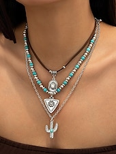 cheap Women&#039;s Necklace-Women&#039;s Western Layered Turquoise Beaded Necklace Set – Boho Statement Jewelry with Cactus &amp; Teardrop Charms, Ideal for Festivals, Country Concerts and Casual Wear